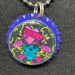 Blue Skull Pink Heart BottleCap Necklace (14)